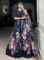 Tussar Silk Navy Blue Casual Wear Floral Print Readymade Gown With Dupatta